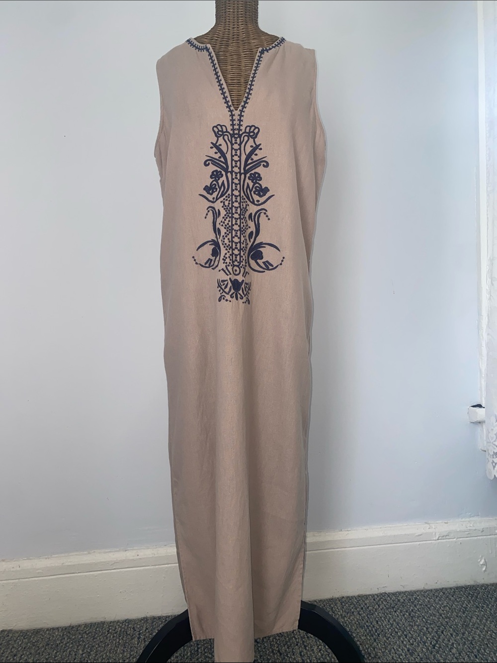 Sigrid Olsen Khaki Sleeveless Maxi Dress with Navy Embroidery